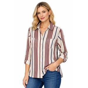 Charter Club Striped Button-Down Shirt L Roll Tab Sleeve Teacher Office Preppy